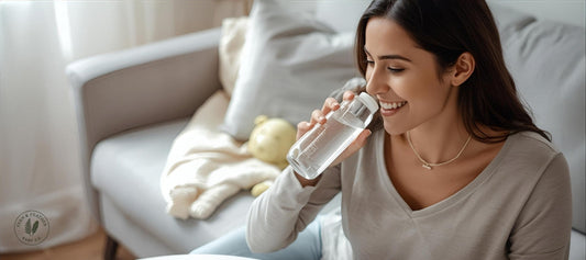 Smiling new mom drinking water from a bottle, staying hydrated for postpartum recovery, energy, and healthy milk supply.