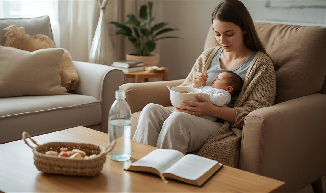 New mom holding her baby while enjoying a nourishing meal with snacks, water, and Bible nearby – peaceful postpartum self-care.