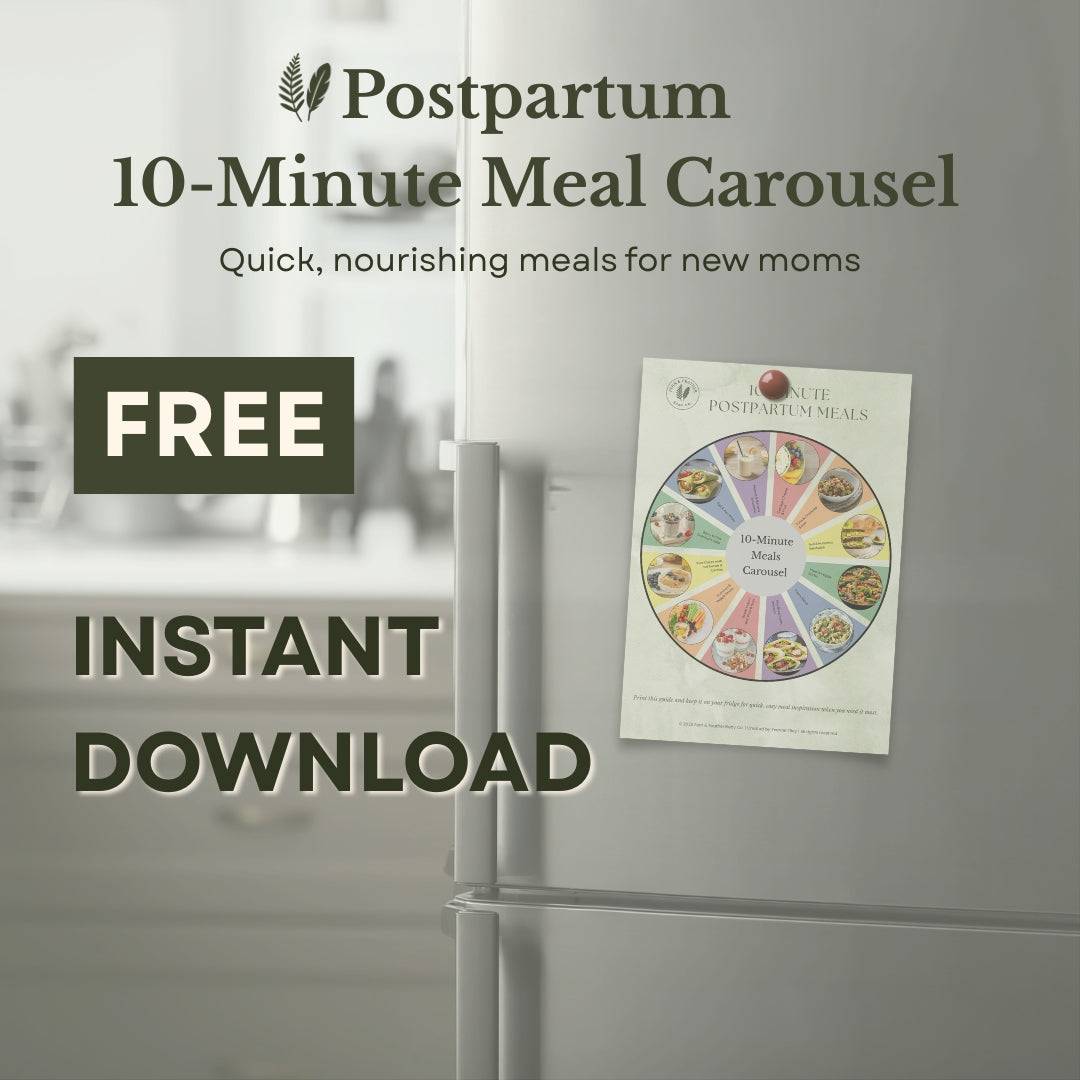 Printable 10-minute meal wheel for postpartum moms featuring quick breakfast, lunch, dinner, and snack ideas