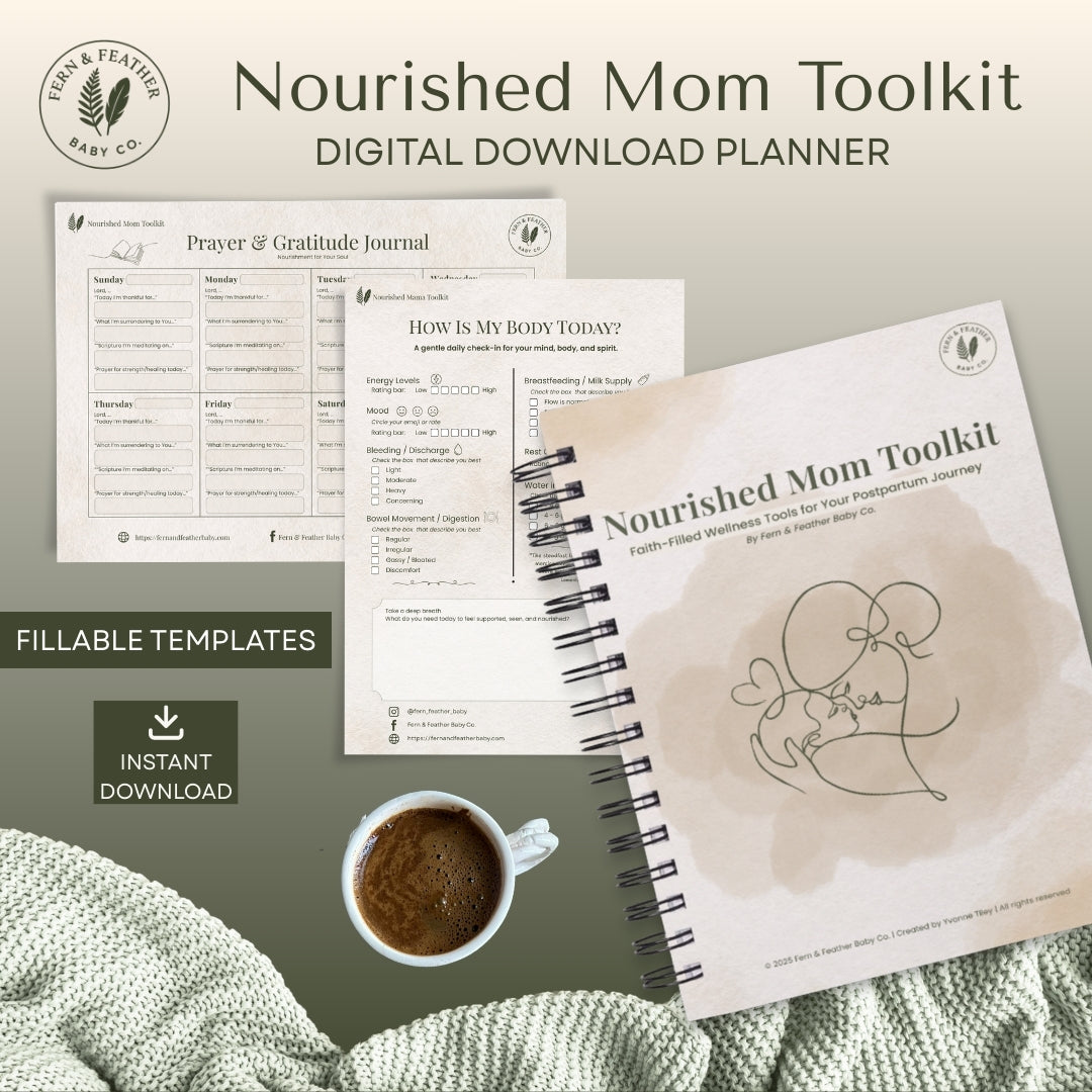 Digital mockup of the Nourished Mom Toolkit, a printable faith-based postpartum resource with scripture cards, journal pages, and meal checklists, designed to support new moms in healing and self-care.